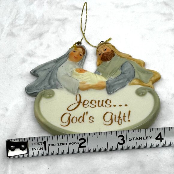 Vtg Holy Family Nativity Scene 4.25" Ornament Jesus... God's Gift! Manger Cerami - Picture 6 of 7